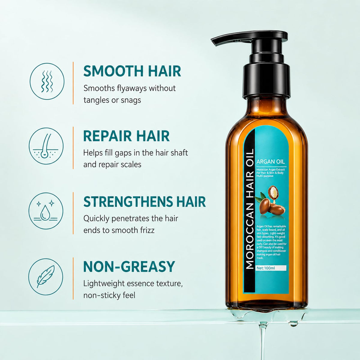 TRIMYFITER oil applied to hair ends to reduce frizz and restore shine