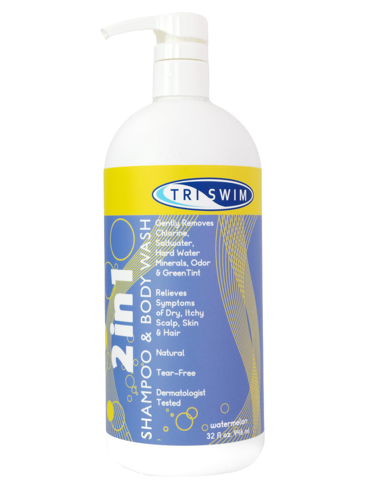 TRISWIM front packaging 32oz pump showing product benefits and size