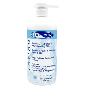 TRISWIM 32oz pump bottle front view showing easy dispensing and value size benefit