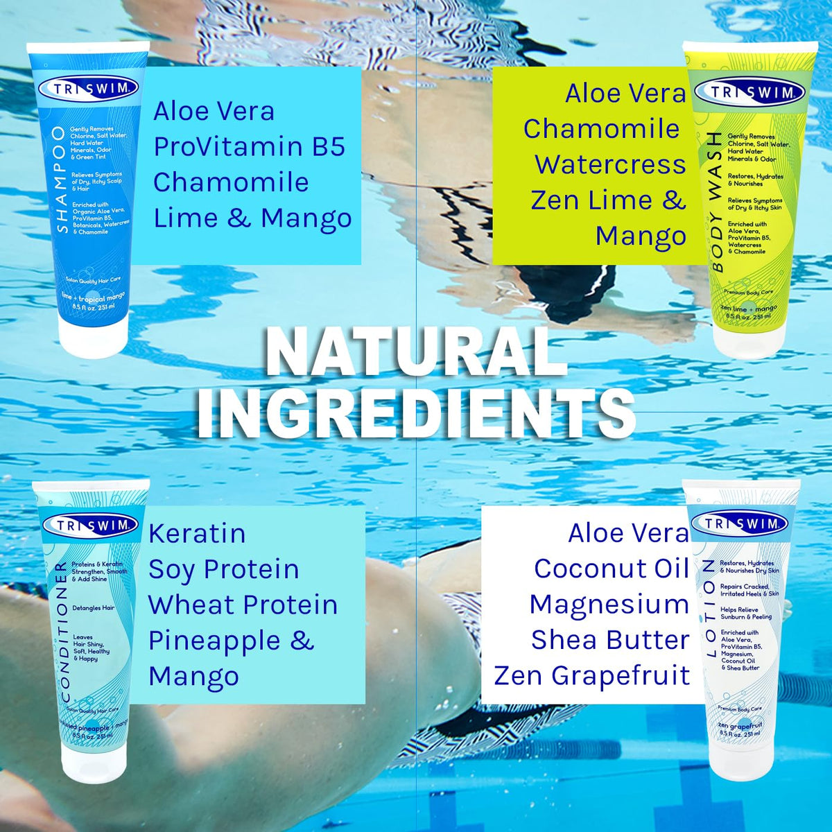 TRISWIM body wash being dispensed to remove chlorine from skin