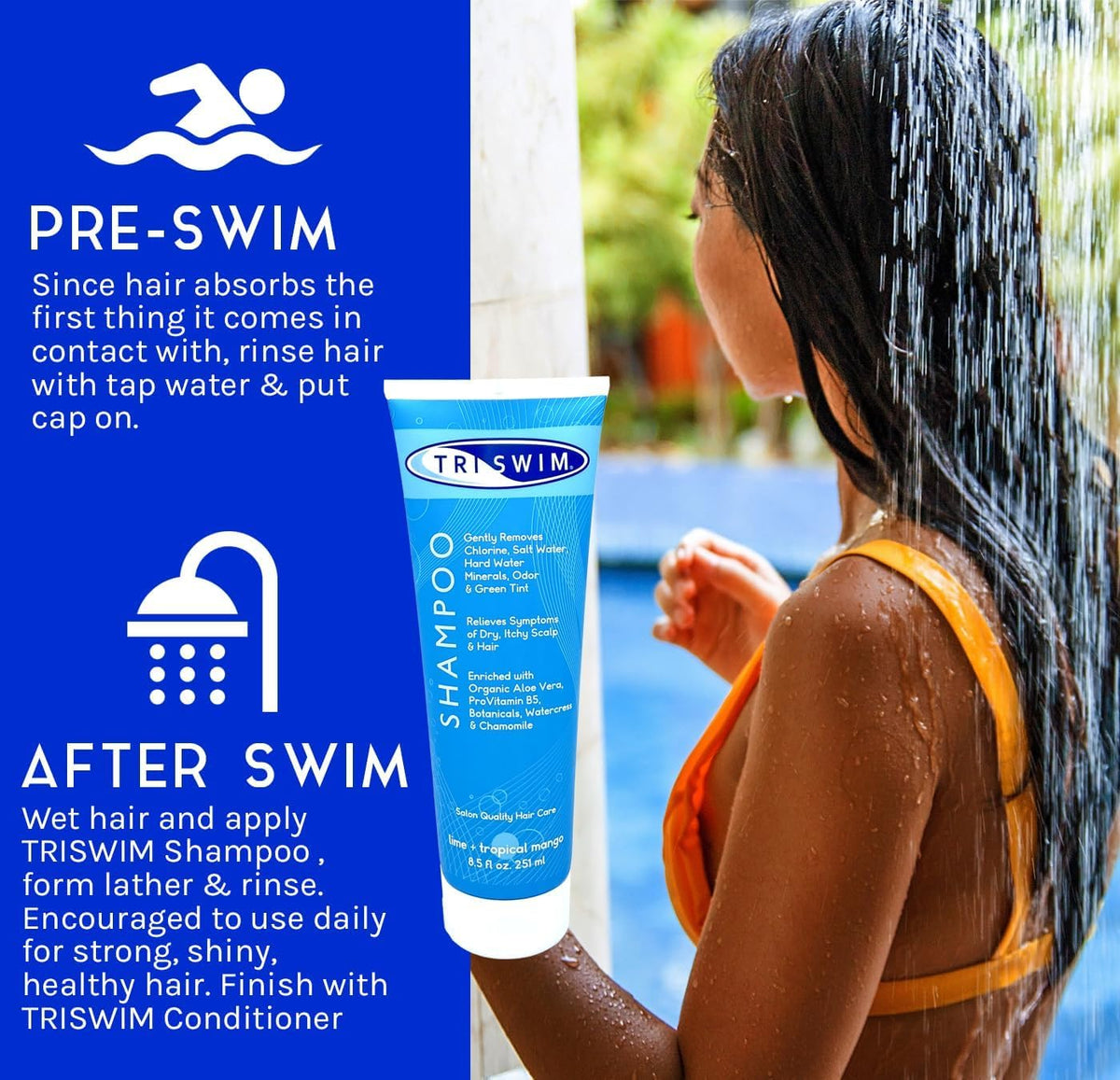 TRISWIM bottle inside a swim bag ready for poolside hair care