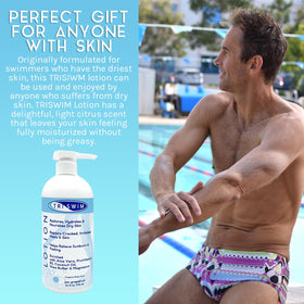 TRISWIM bottle beside towel showing 32oz scale and ideal family use