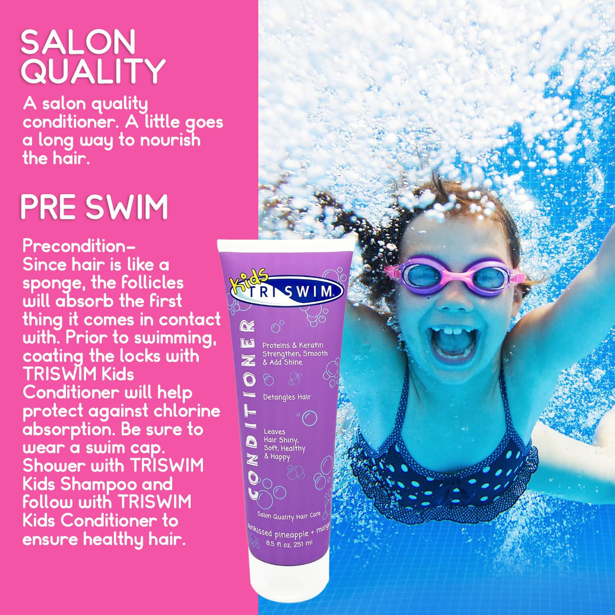 TRISWIM conditioner being applied to wet hair for easy detangling