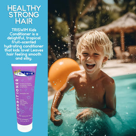 TRISWIM conditioner bottle label and pump highlighting kid friendly formula