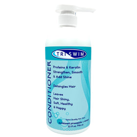 TRISWIM front packaging 32oz pump showing product benefits for frequent swimmers