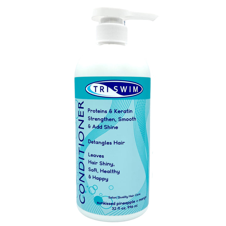 TRISWIM front packaging 32oz pump showing product benefits for frequent swimmers