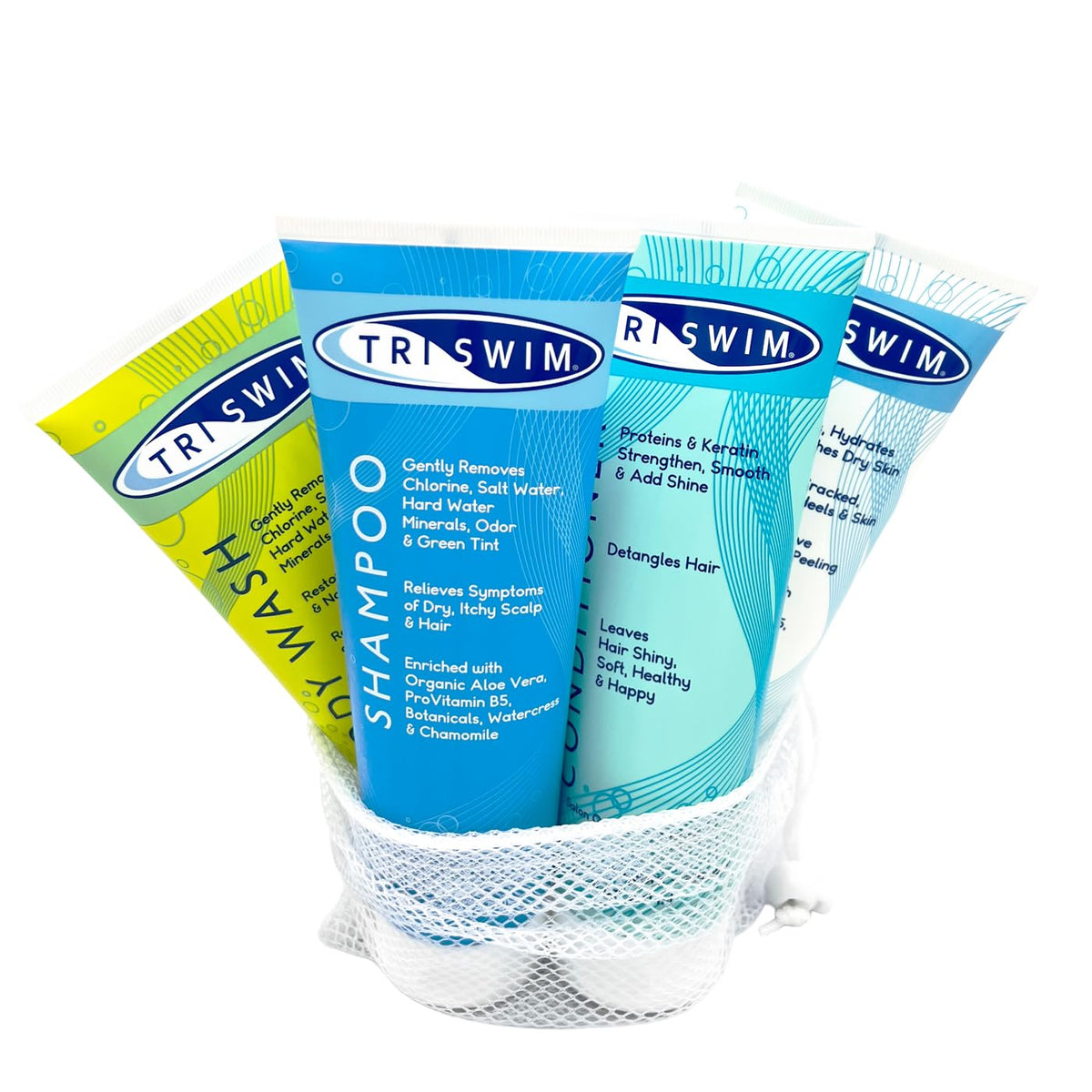 TRISWIM front view of 4-piece set showing all bottles and benefits