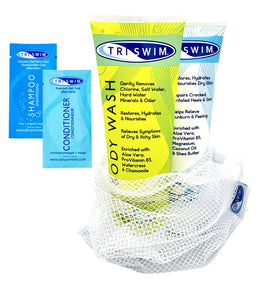 TRISWIM front packaging showing both bottles and mesh bag for easy post-swim care