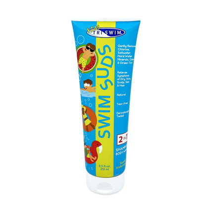 TRISWIM front packaging showing kids Swim Suds and benefit of gentle chlorine removal