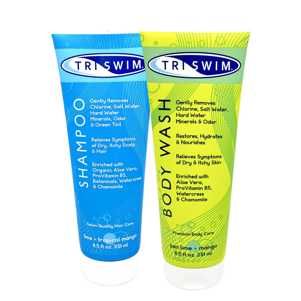 TRISWIM front packaging swim care set showing both 8.5 fl oz bottles and benefits