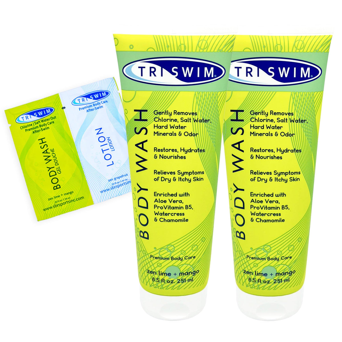 TRISWIM front packaging showing dual pack and scent, easy poolside use benefit