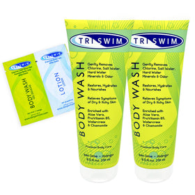 TRISWIM front packaging showing dual pack and scent, easy poolside use benefit