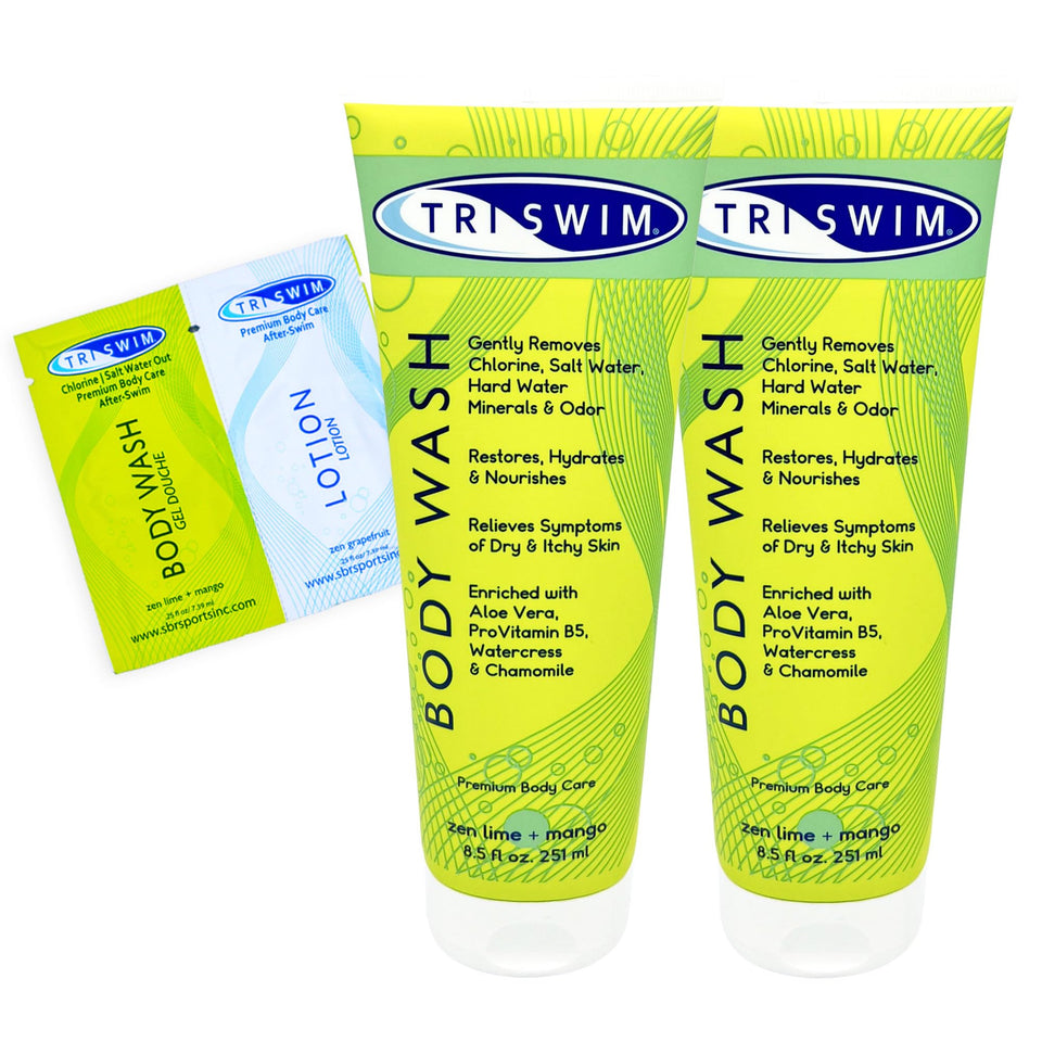 TRISWIM front packaging showing dual pack and scent, easy poolside use benefit