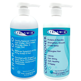 TRISWIM front view of 32oz pump bottles showing branding and convenient dispensing