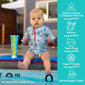 TRISWIM used in a bath post-swim showing quick rinse and refreshed child