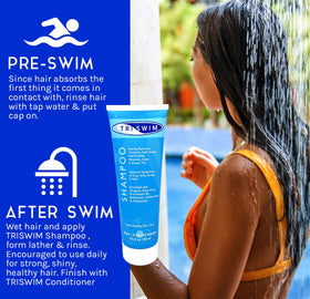 Person using TRISWIM in the shower after swim for refreshing clean hair