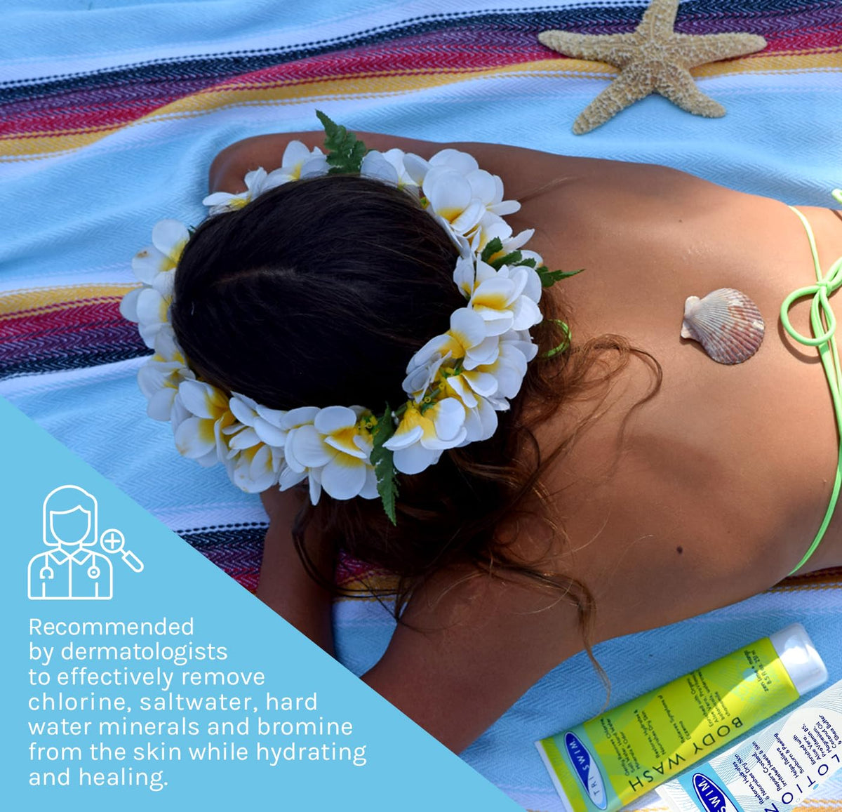 Swimmer using TRISWIM in shower to rinse chlorine and soothe skin after swim