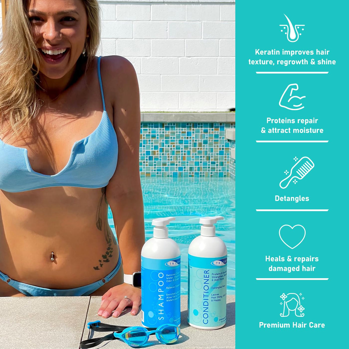 TRISWIM label close-up highlighting proteins and keratin to strengthen hair