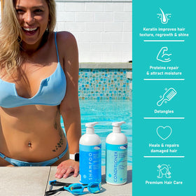 TRISWIM label close-up highlighting proteins and keratin to strengthen hair