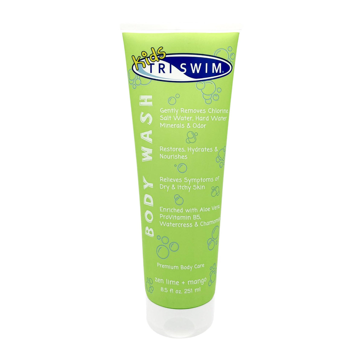 TRISWIM front bottle showing label and kid-friendly scent benefit