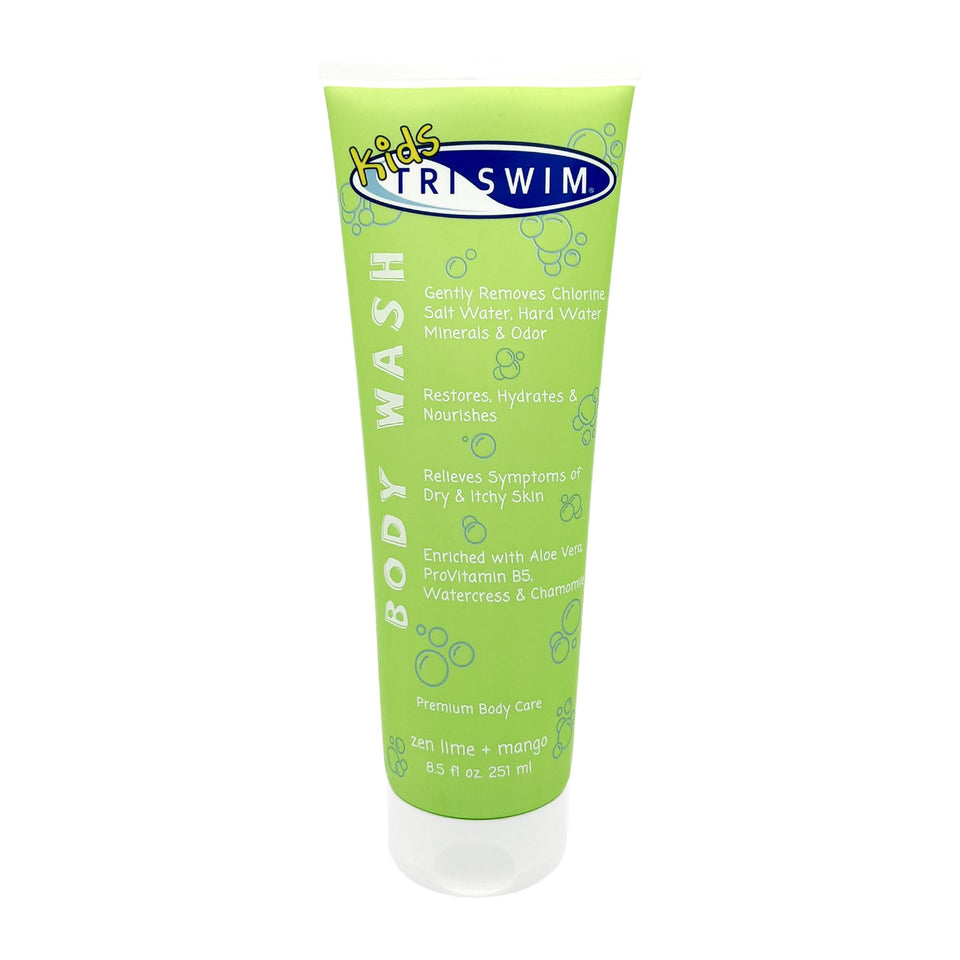 TRISWIM front bottle showing label and kid-friendly scent benefit