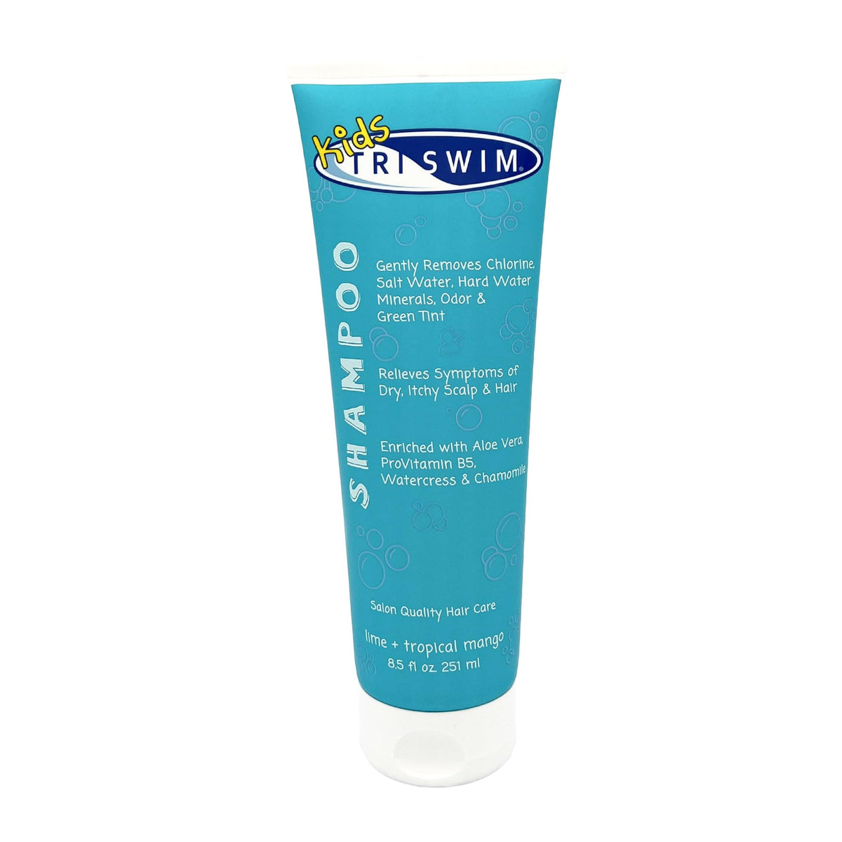 TRISWIM kids shampoo front packaging shows label and lime mango scent, gentle chlorine removal