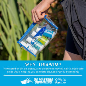 TRISWIM kit poolside lifestyle showing easy post-swim cleanup benefits