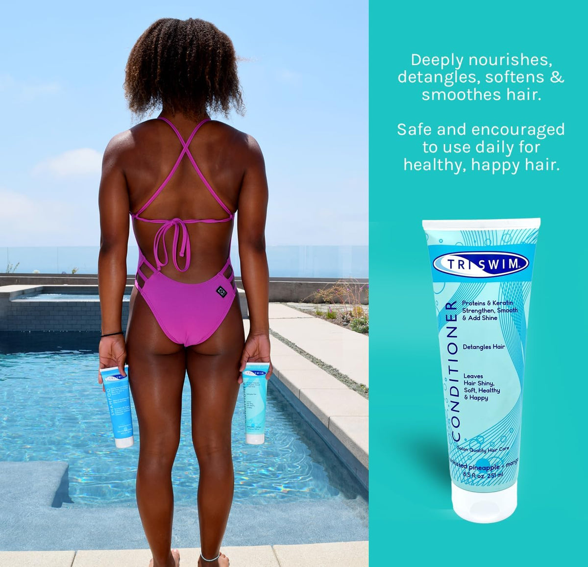 TRISWIM bottle poolside on towel, highlights post-swim recovery and freshness