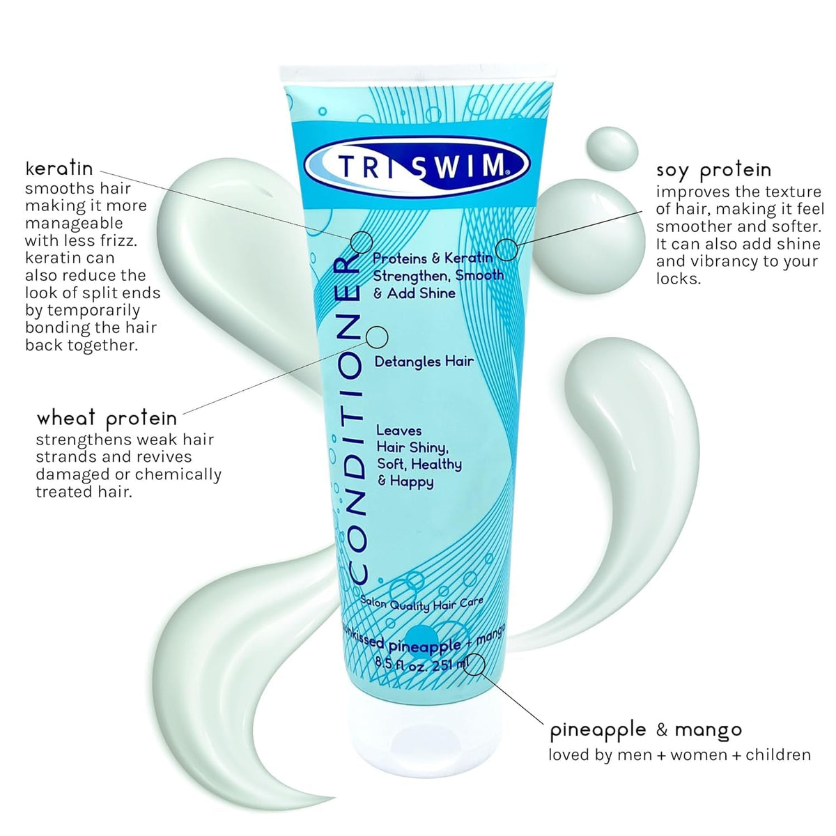 TRISWIM pump dispensing conditioner cream, demonstrating easy dosing and control