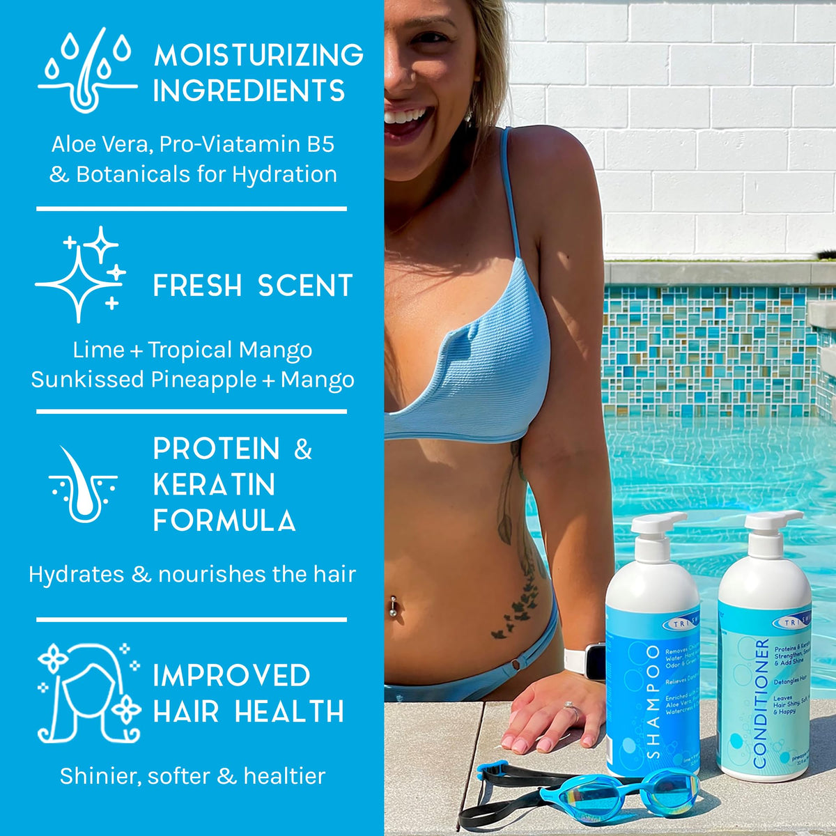 TRISWIM pump dispenser close-up demonstrating easy one-hand use for swimmers