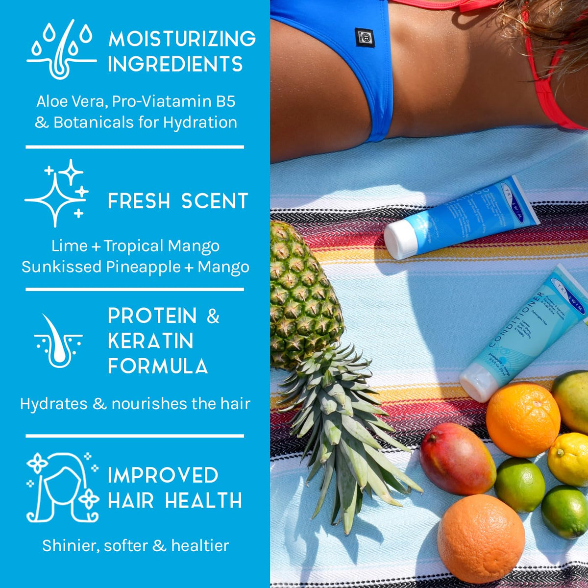TRISWIM shampoo bottle closeup highlighting formula details and benefit
