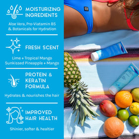 TRISWIM shampoo bottle closeup highlighting formula details and benefit