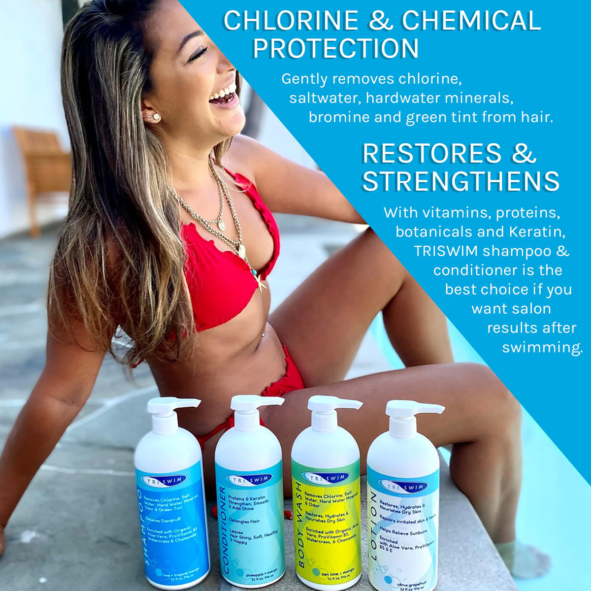 TRISWIM shampoo lather in hand showing effective chlorine residue removal