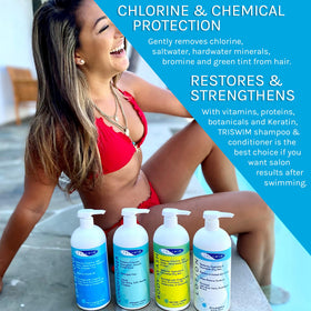 TRISWIM shampoo lather in hand showing effective chlorine residue removal