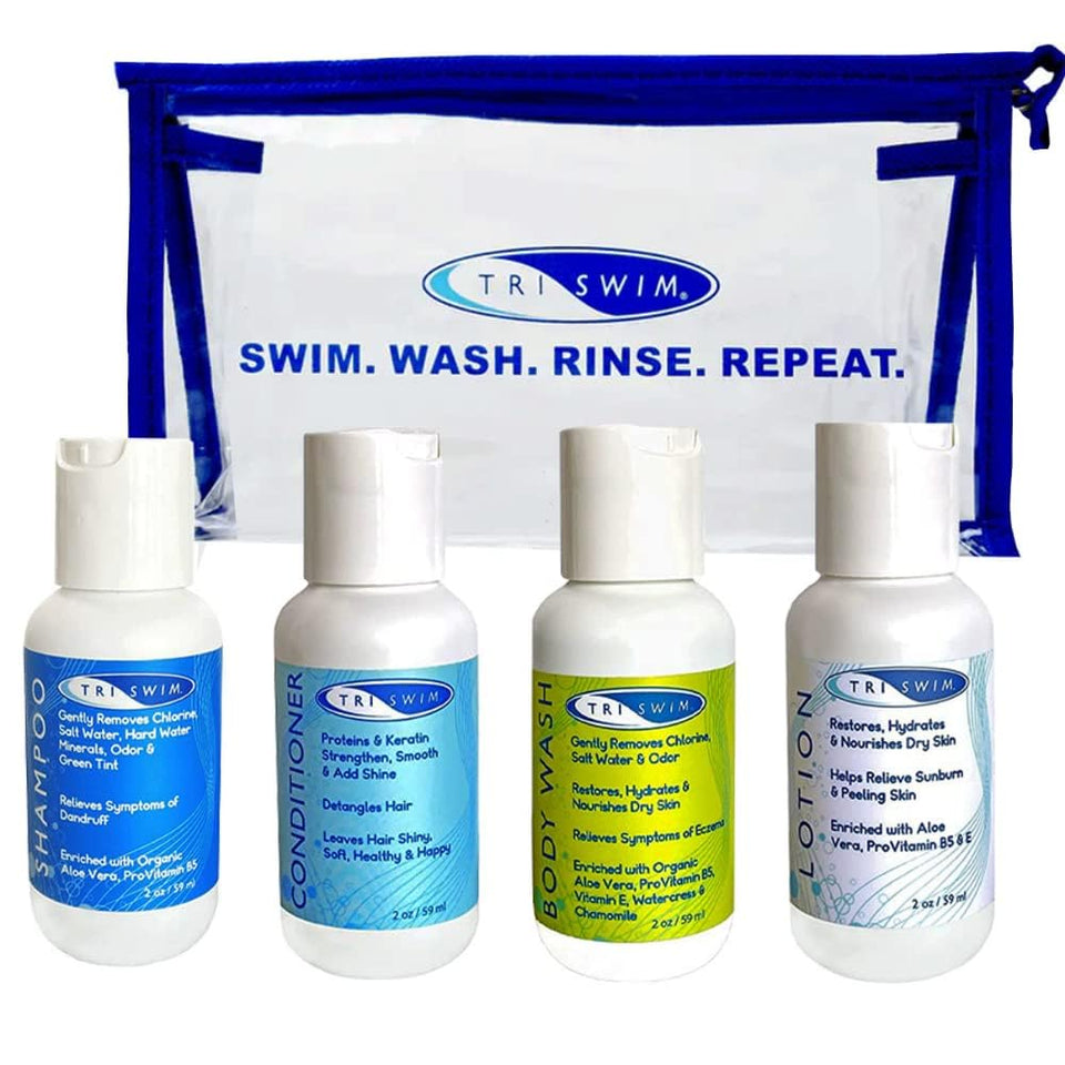 TRISWIM shot set front view in bag showing travel-ready chlorine care