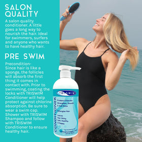 TRISWIM bottle beside swim goggles showing 32oz value size for families
