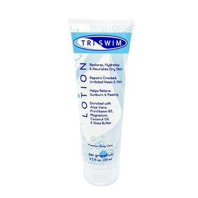 TRISWIM swim lotion front packaging showing 8.5oz and benefits