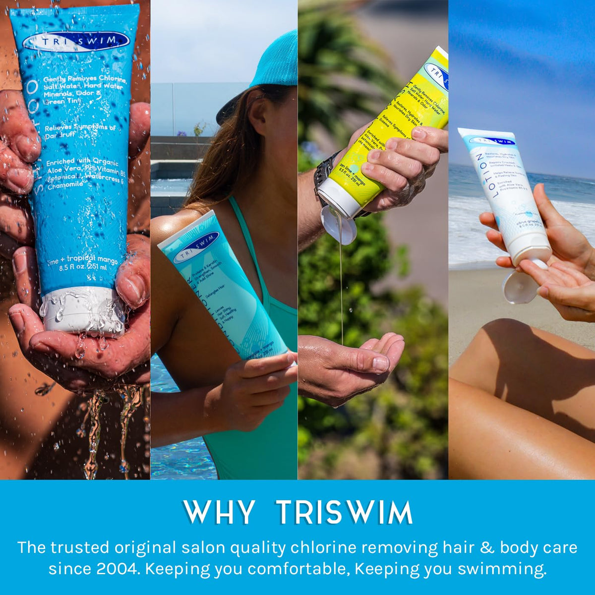 TRISWIM bottles in a swim bag showing compact travel-ready care