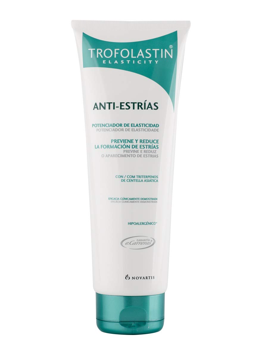 TROFOLASTIN front packaging shows cream tube and benefits for preventing stretch marks