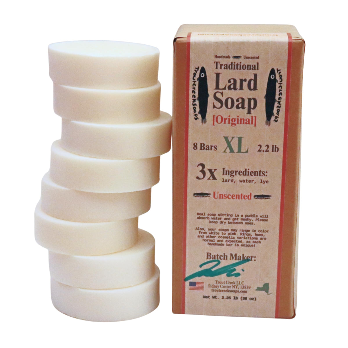 troutcreeksoaps front packaging showing eight unscented bars and biodegradable box, clear labeling benefit