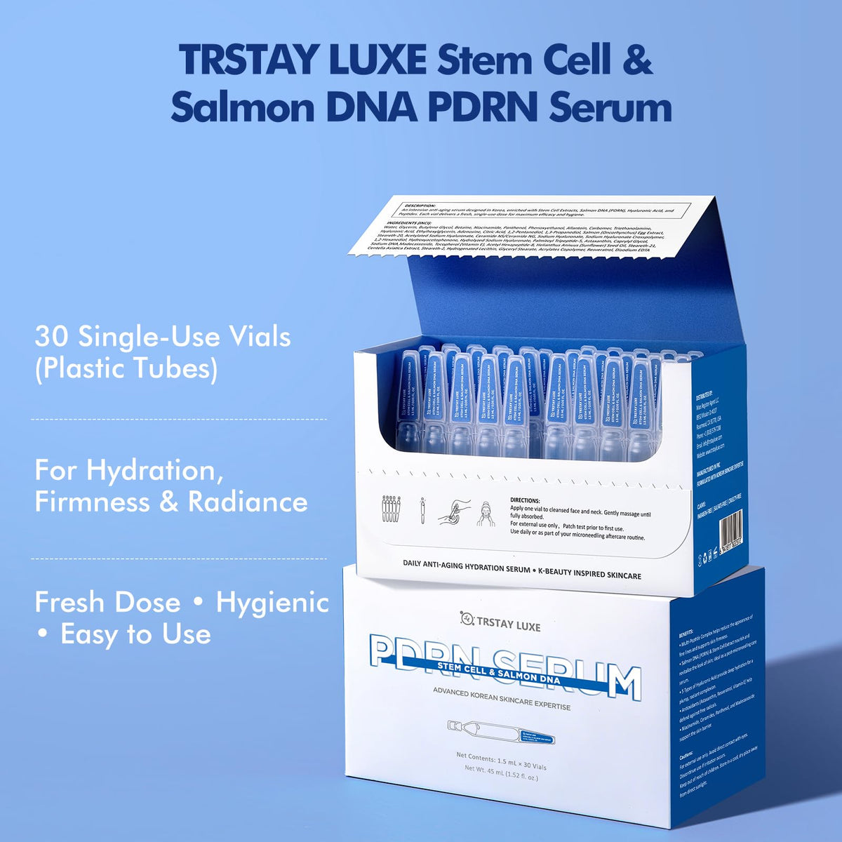TRSTAY LUXE ampoules staged on bathroom shelf for nightly routine ease
