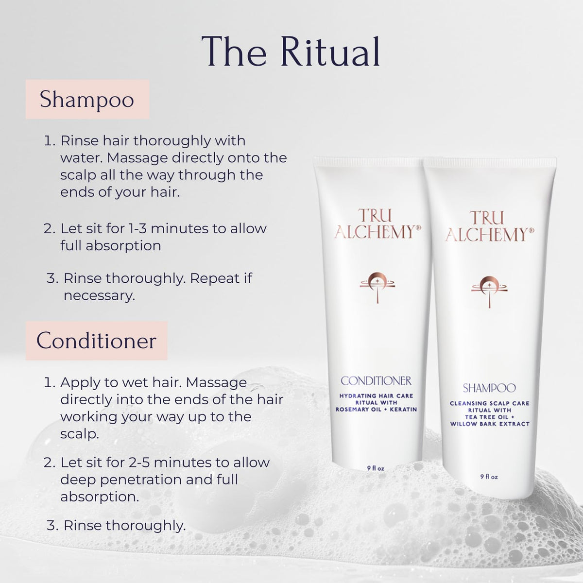 Tru Alchemy applied to wet hair massaging scalp for healthier roots