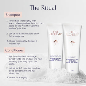Tru Alchemy applied to wet hair massaging scalp for healthier roots