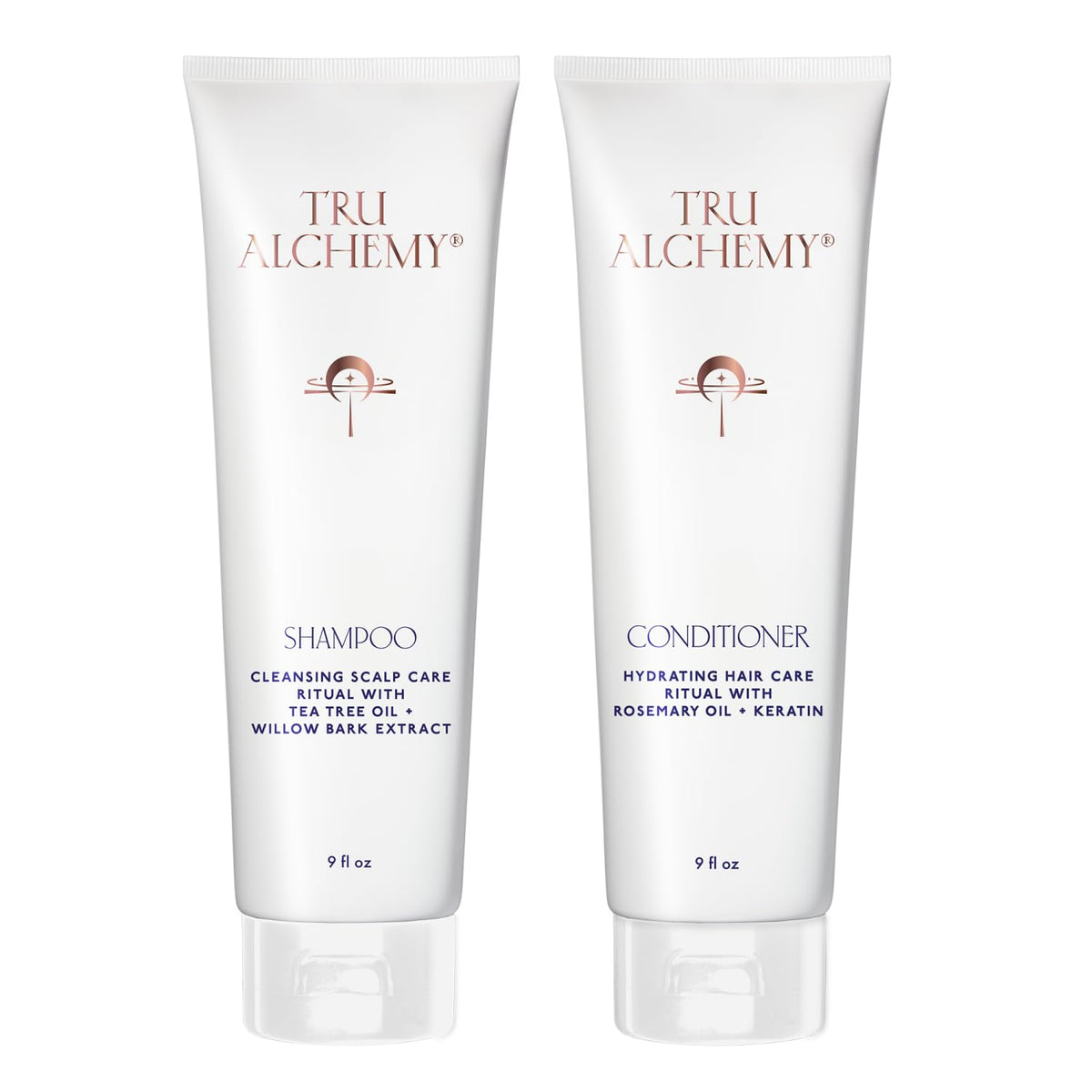Tru Alchemy front packaging showing shampoo and conditioner benefits