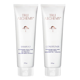 Tru Alchemy front packaging showing shampoo and conditioner benefits