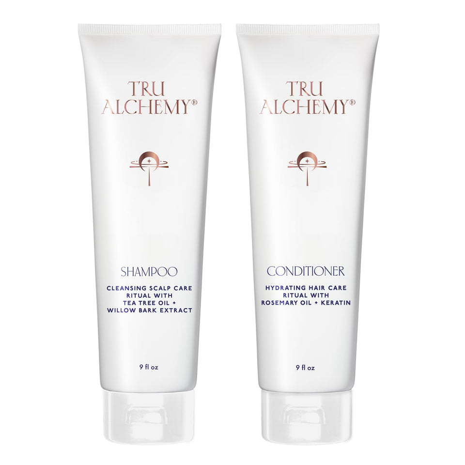 Tru Alchemy front packaging showing shampoo and conditioner benefits