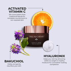 Flatlay of Tru Alchemy ingredients with hyaluronic acid and botanical elements for hydration benefit