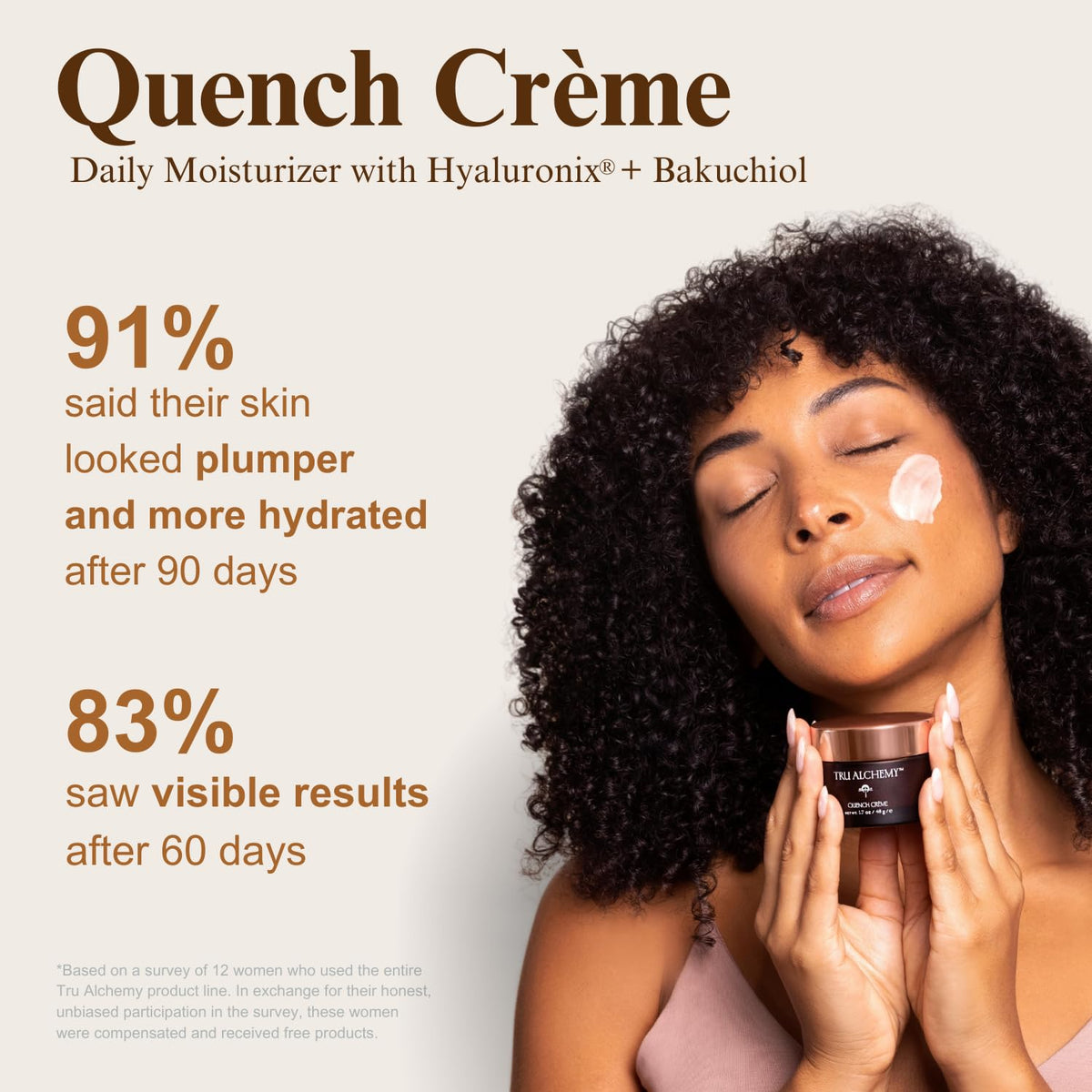 Dispensing Quench Crème from pump with Tru Alchemy logo and controlled dosage benefit