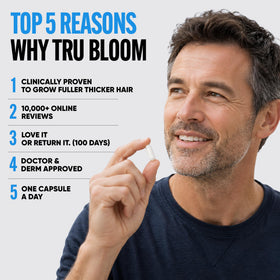 TRU BLOOM capsule in hand to show size and convenient single-dose benefit
