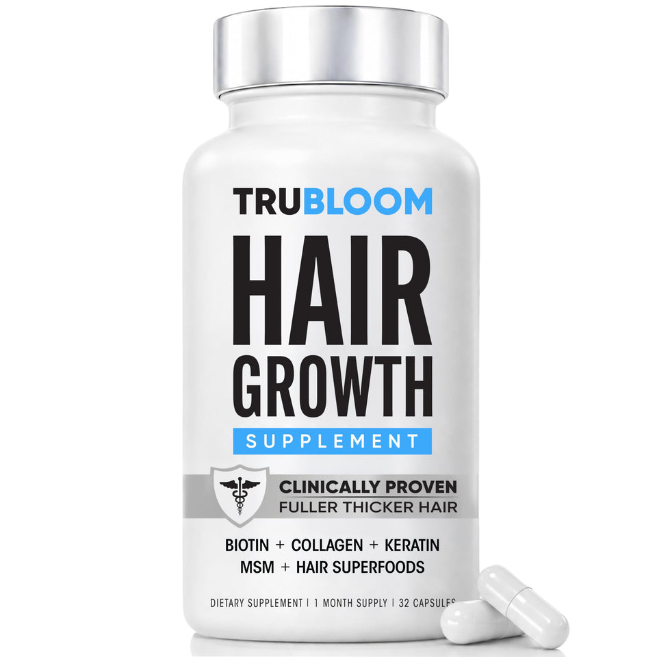 TRU BLOOM front packaging showing bottle and label promoting fuller hair